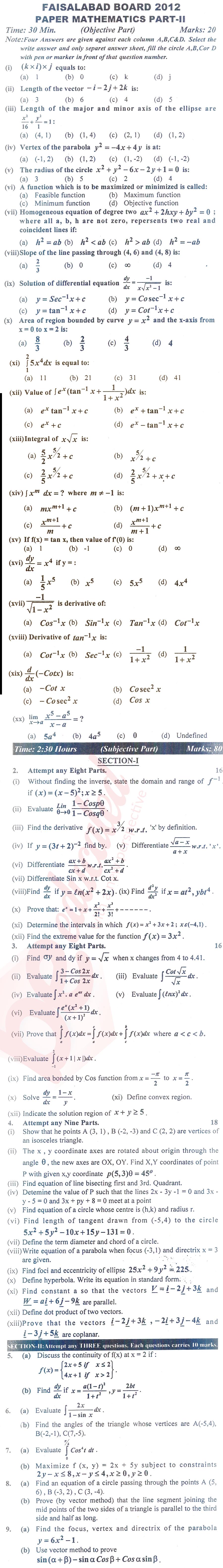 Math 12th class Past Paper Group 1 BISE Faisalabad 2012