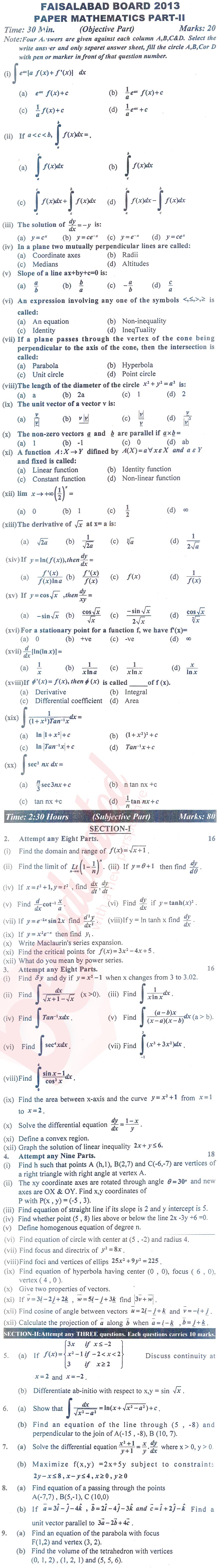 Math 12th class Past Paper Group 1 BISE Faisalabad 2013