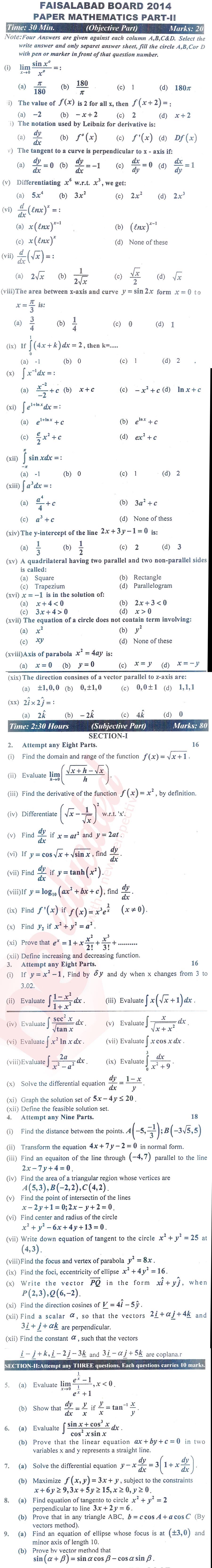 Math 12th class Past Paper Group 1 BISE Faisalabad 2014