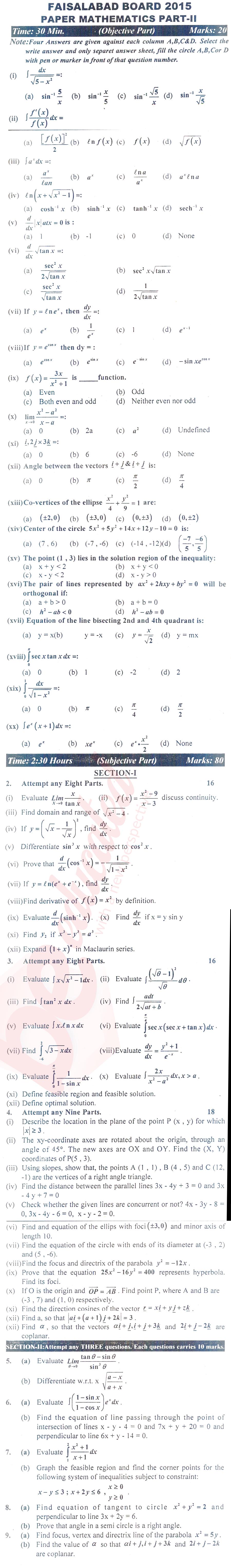 Math 12th class Past Paper Group 1 BISE Faisalabad 2015