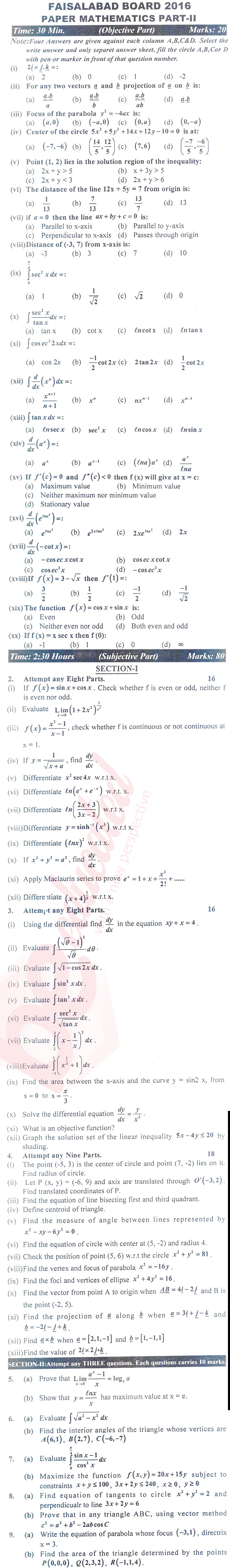 Math 12th class Past Paper Group 1 BISE Faisalabad 2016