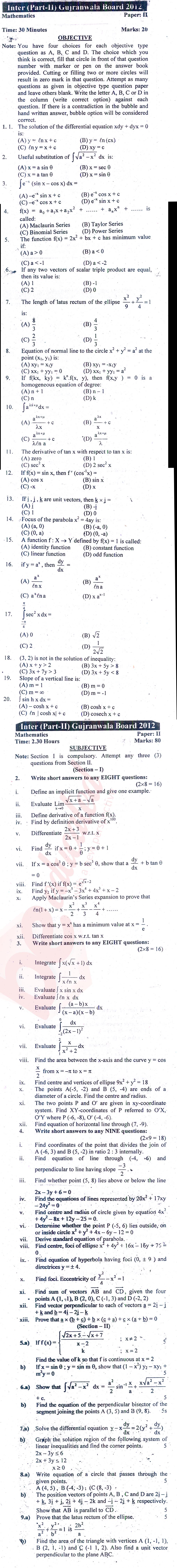 Math 12th class Past Paper Group 1 BISE Gujranwala 2012