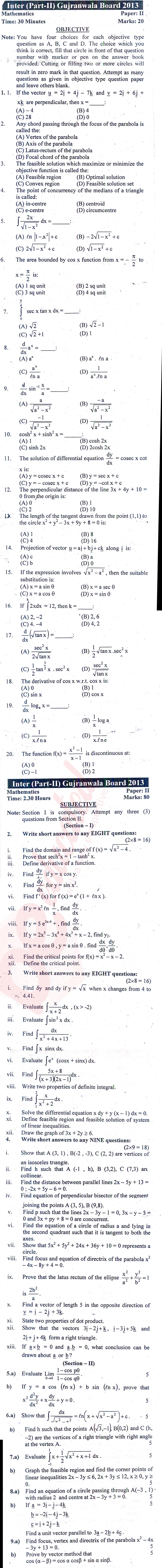 Math 12th class Past Paper Group 1 BISE Gujranwala 2013