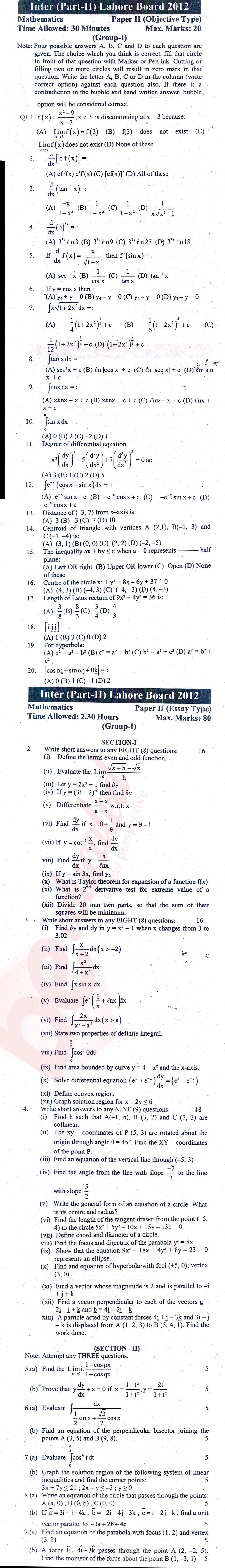 Math 12th class Past Paper Group 1 BISE Lahore 2012