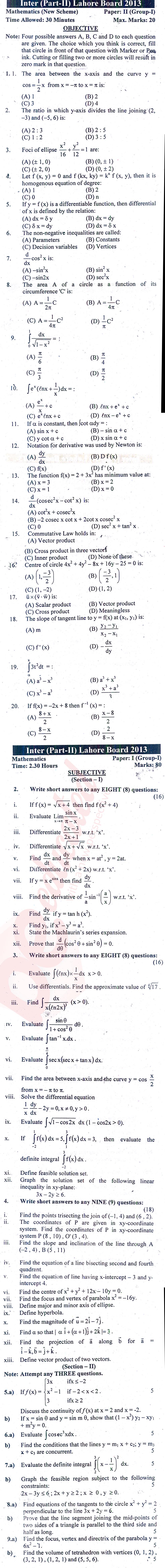 Math 12th class Past Paper Group 1 BISE Lahore 2013