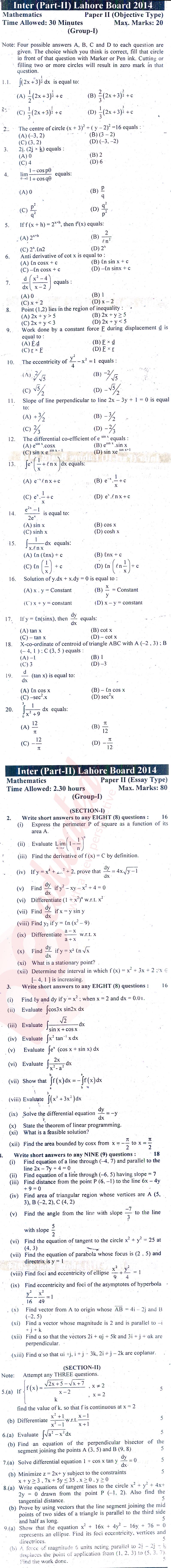 Math 12th class Past Paper Group 1 BISE Lahore 2014