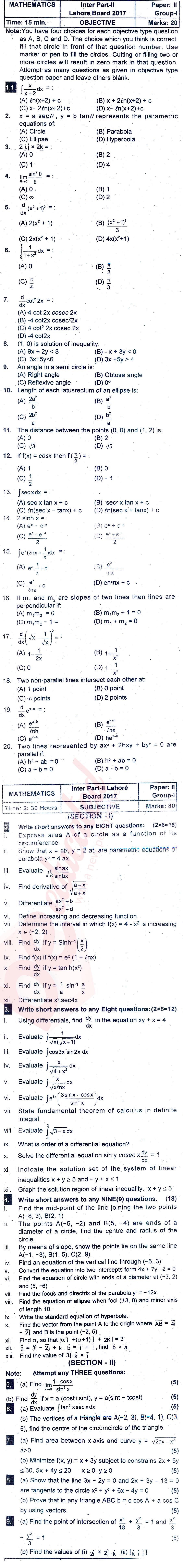 Math 12th class Past Paper Group 1 BISE Lahore 2017