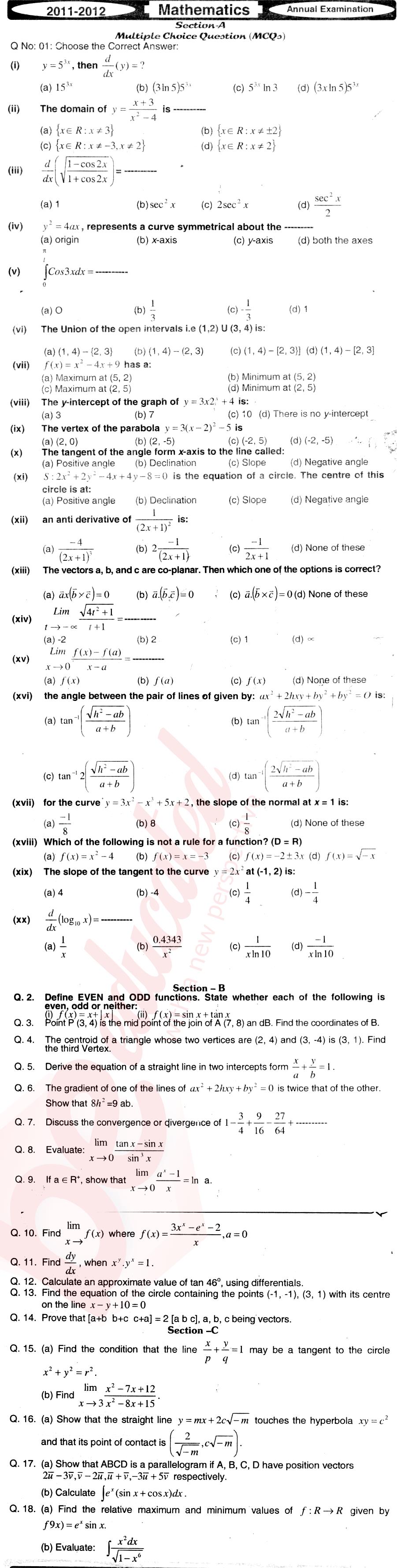 Math 12th class Past Paper Group 1 BISE Mirpurkhas 2012