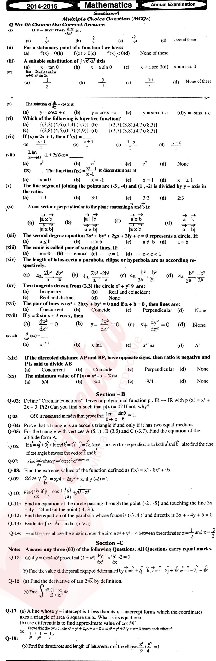 Math 12th class Past Paper Group 1 BISE Mirpurkhas 2015