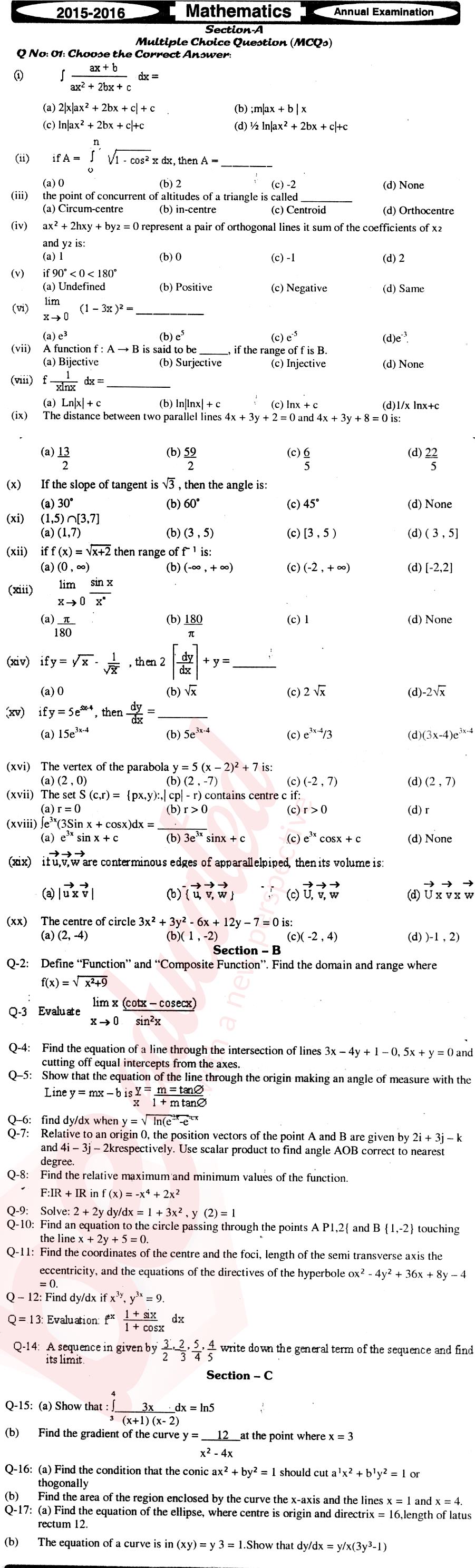 Math 12th class Past Paper Group 1 BISE Mirpurkhas 2016