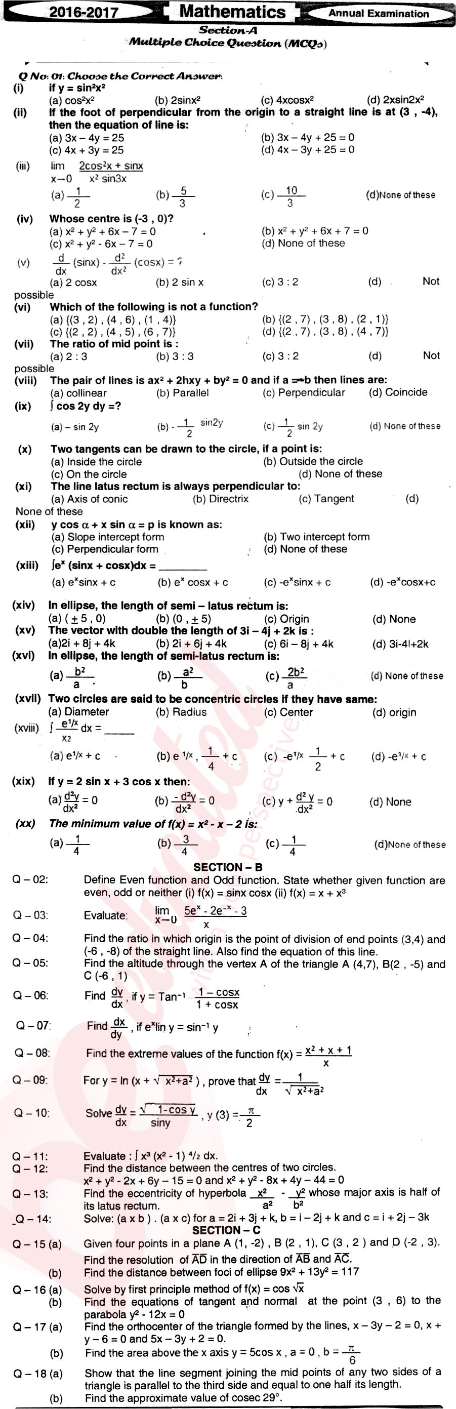 Math 12th class Past Paper Group 1 BISE Mirpurkhas 2017