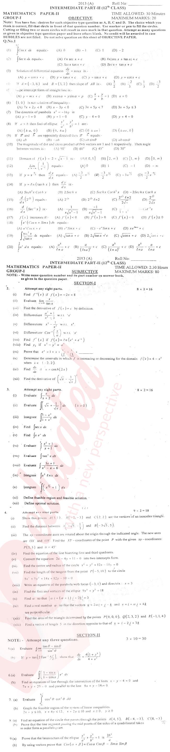 Math 12th class Past Paper Group 1 BISE Multan 2013