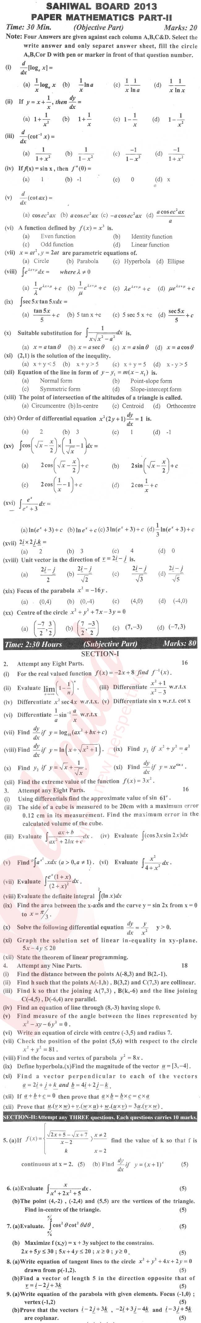 Math 12th class Past Paper Group 1 BISE Sahiwal 2013