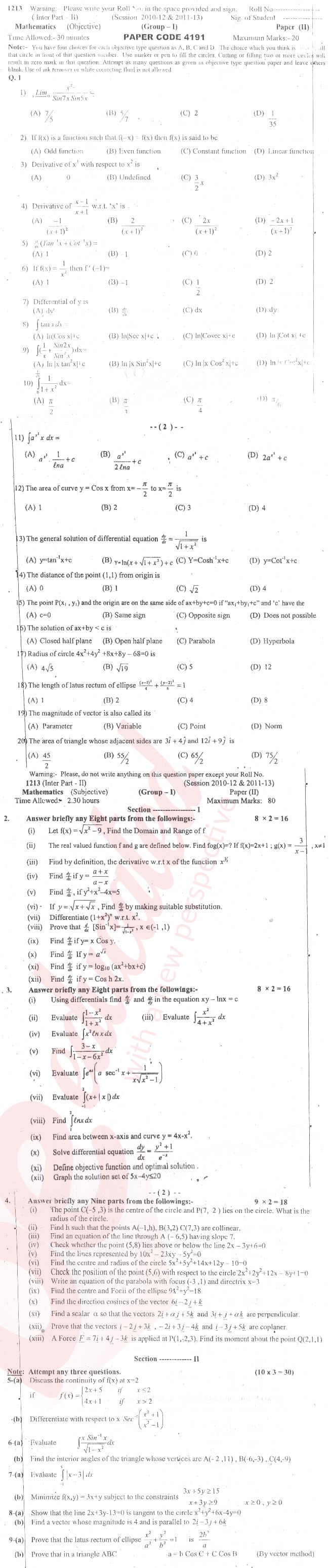 Math 12th class Past Paper Group 1 BISE Sargodha 2013