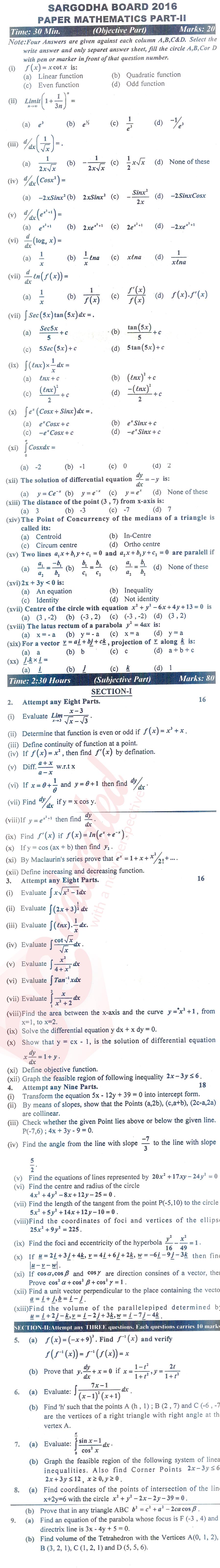 Math 12th class Past Paper Group 1 BISE Sargodha 2016