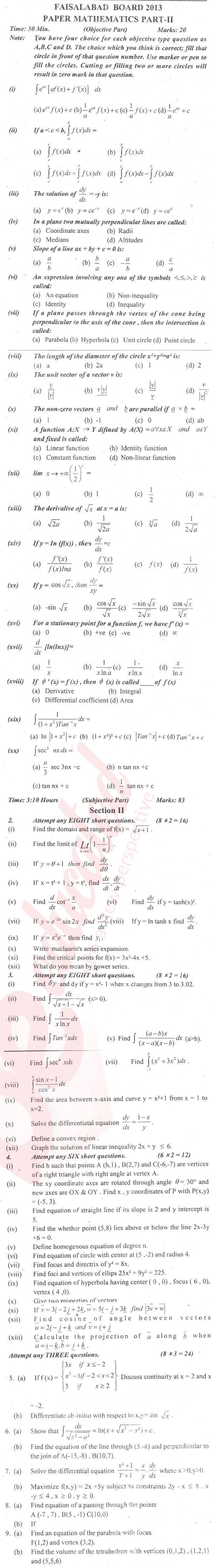 Math 12th class Past Paper Group 2 BISE Faisalabad 2013