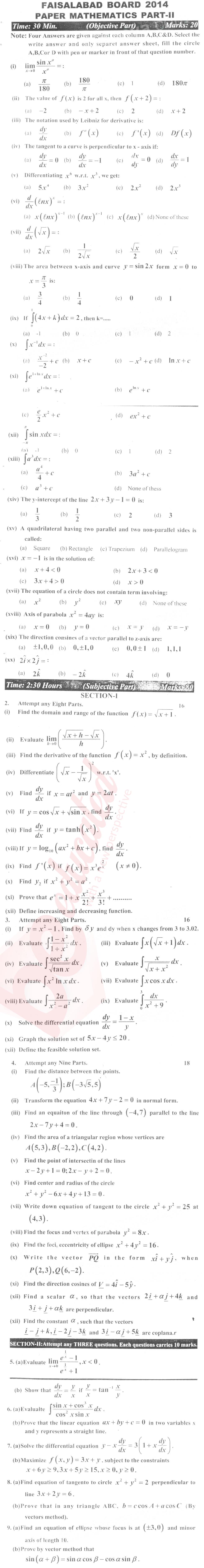 Math 12th class Past Paper Group 2 BISE Faisalabad 2014