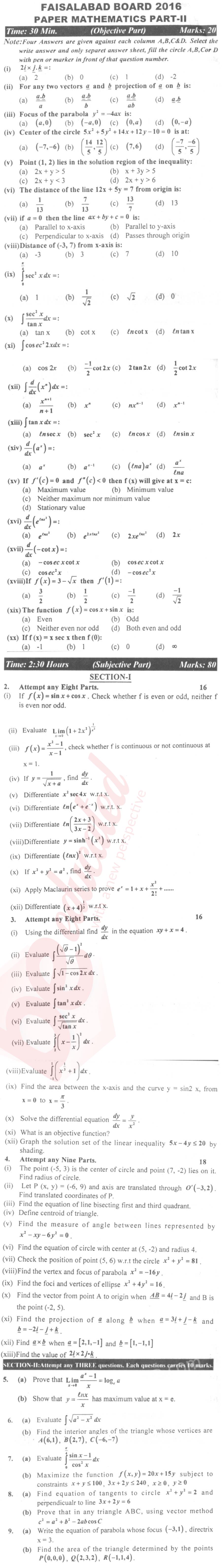 Math 12th class Past Paper Group 2 BISE Faisalabad 2016