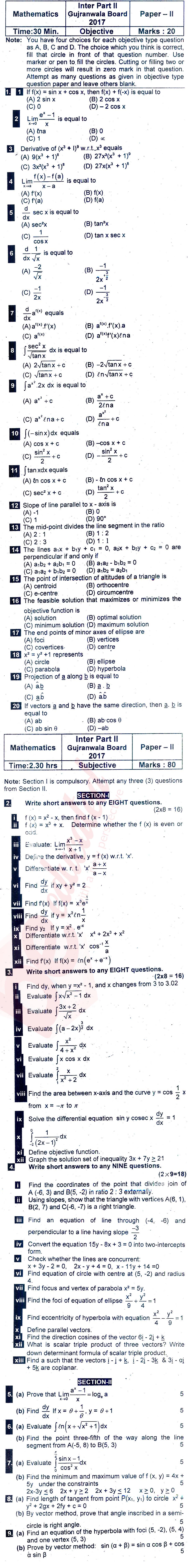 Math 12th class Past Paper Group 2 BISE Gujranwala 2017