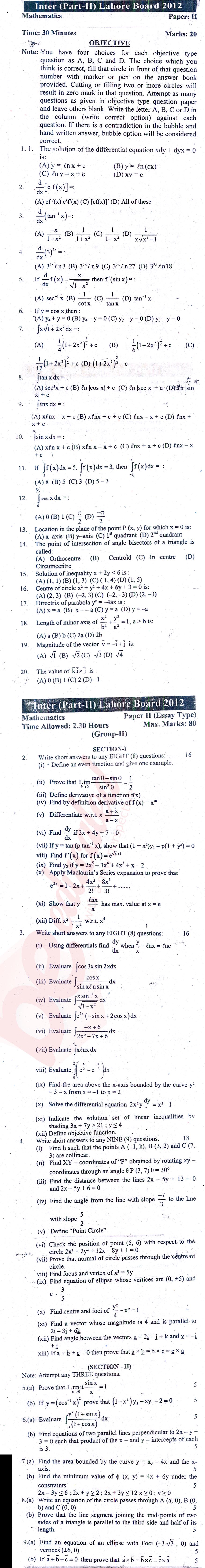 Math 12th class Past Paper Group 2 BISE Lahore 2012