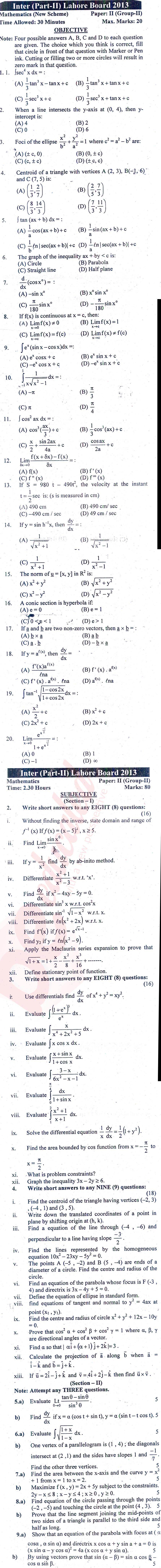 Math 12th class Past Paper Group 2 BISE Lahore 2013