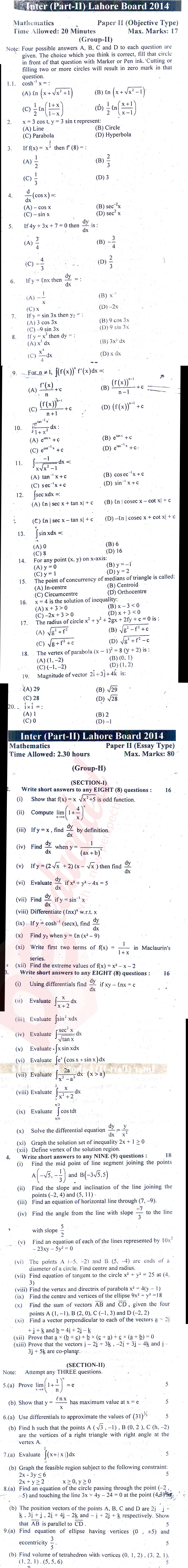 Math 12th class Past Paper Group 2 BISE Lahore 2014