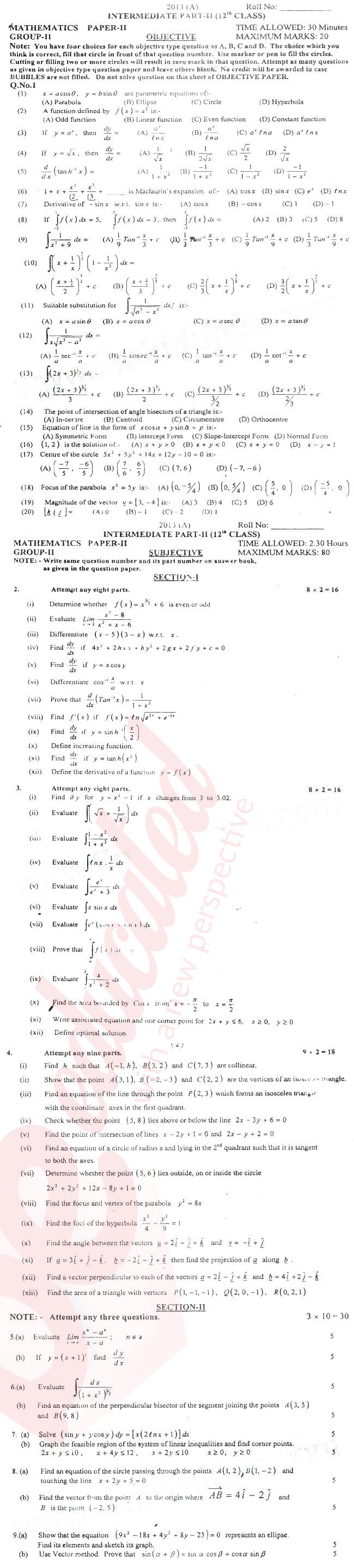 Math 12th class Past Paper Group 2 BISE Multan 2013