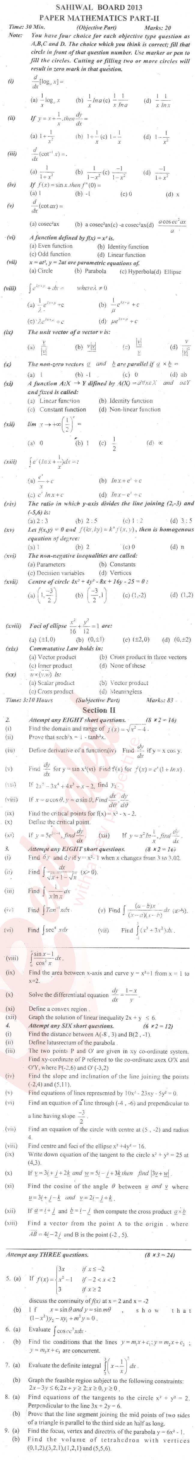 Math 12th class Past Paper Group 2 BISE Sahiwal 2013