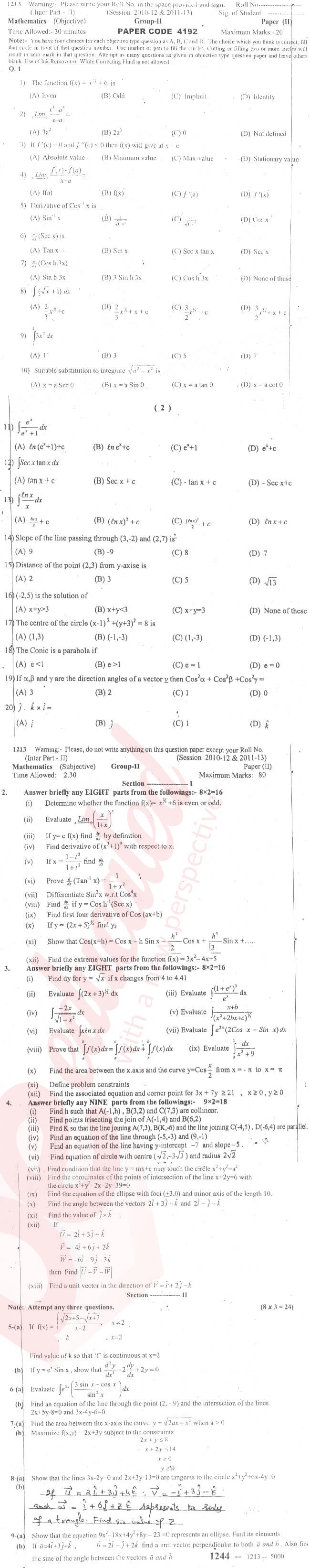 Math 12th class Past Paper Group 2 BISE Sargodha 2013