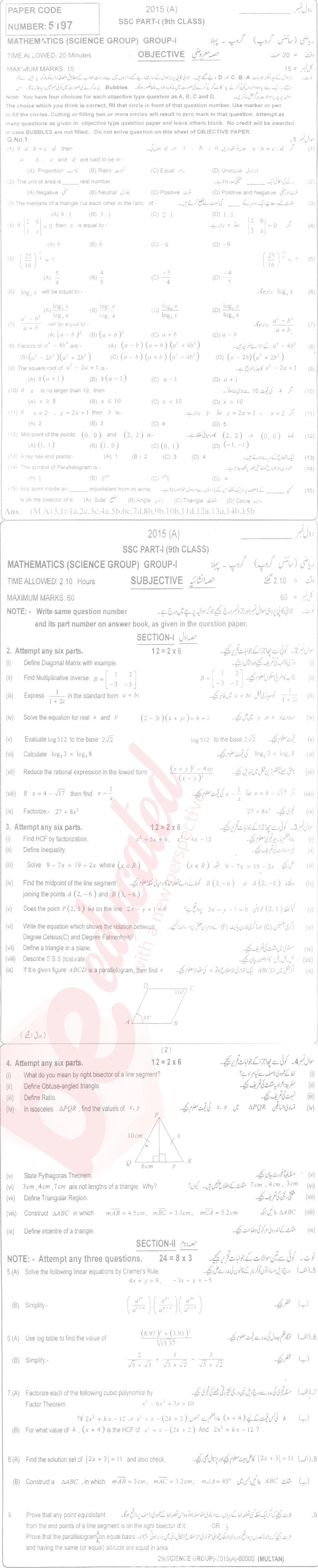 Math 9th English Medium Past Paper Group 1 BISE Multan 2015