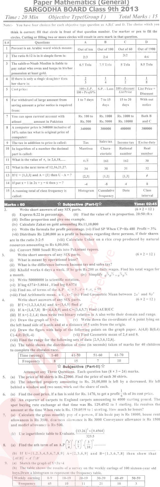 Math 9th English Medium Past Paper Group 1 BISE Sargodha 2013