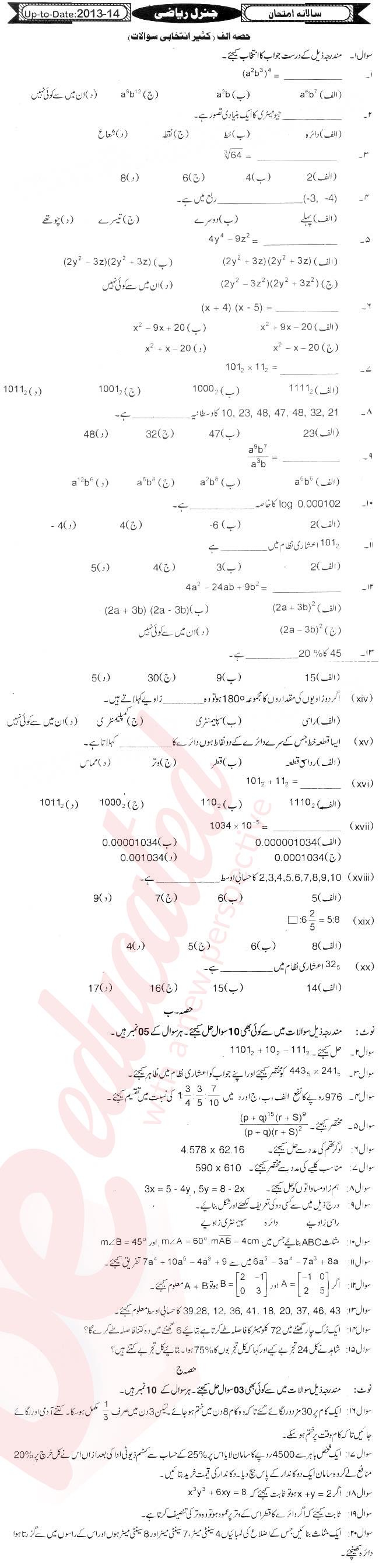 Math 9th Urdu Medium Past Paper Group 1 KPBTE 2013