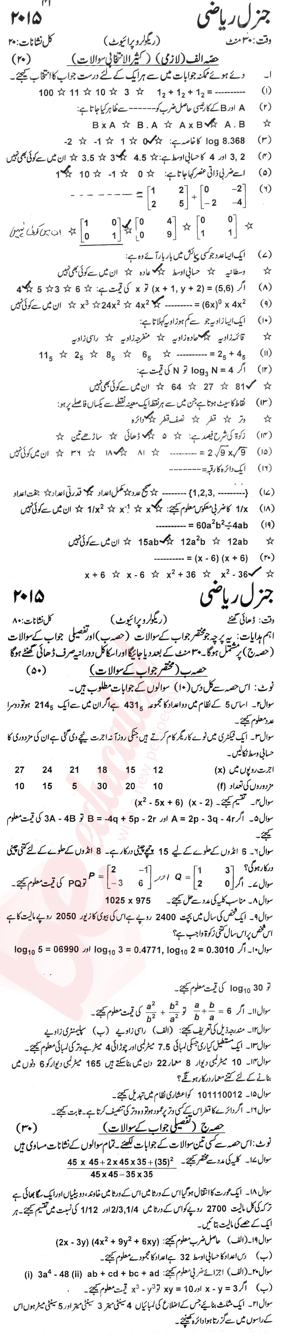 Math 9th Urdu Medium Past Paper Group 1 KPBTE 2015
