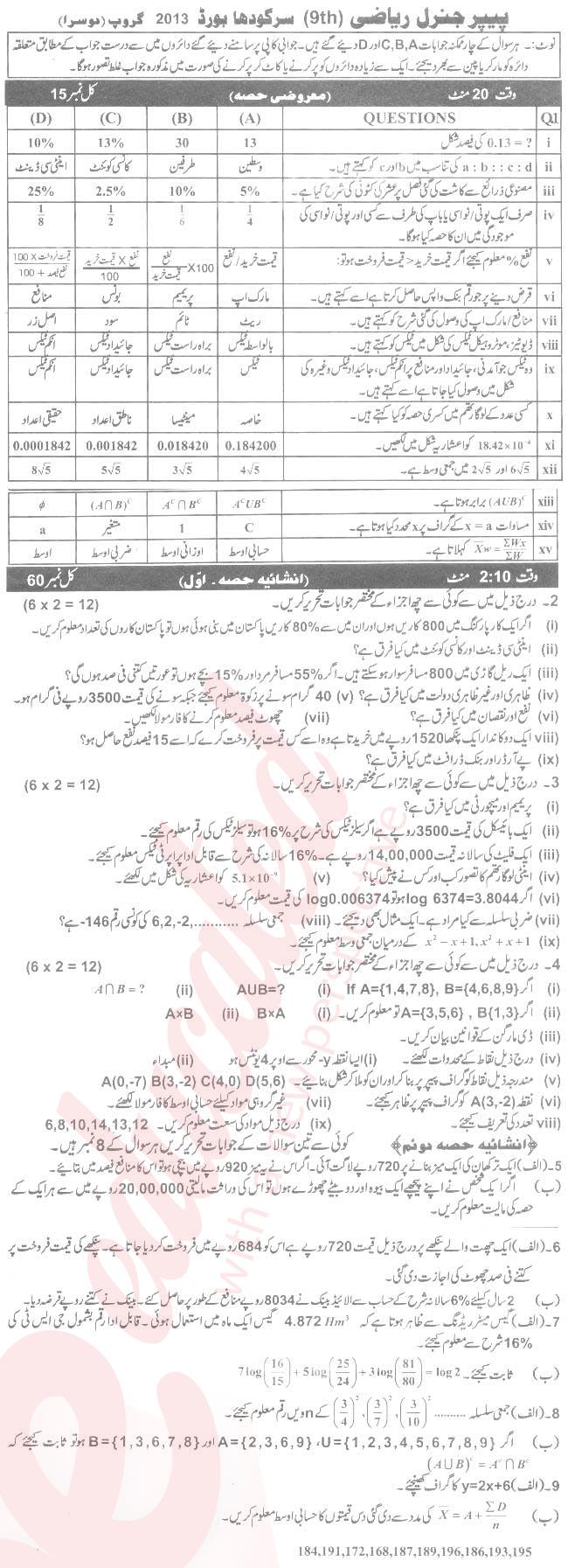 Math 9th Urdu Medium Past Paper Group 2 BISE Sargodha 2013