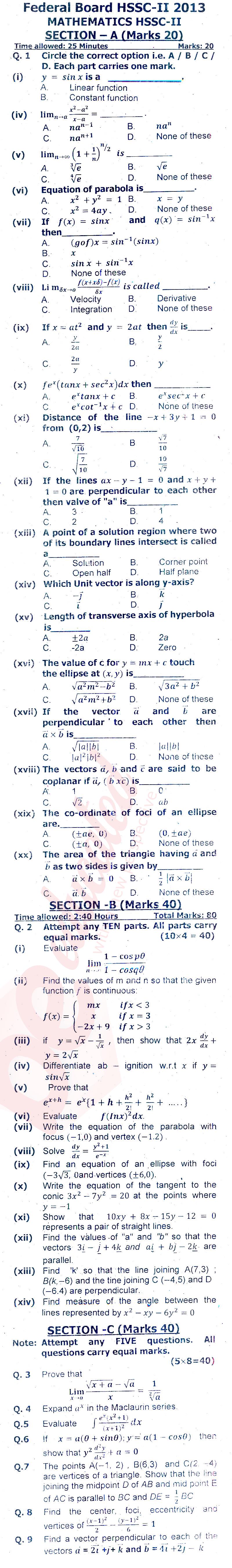 Math FSC Part 2 Past Paper Group 1 Federal BISE  2013