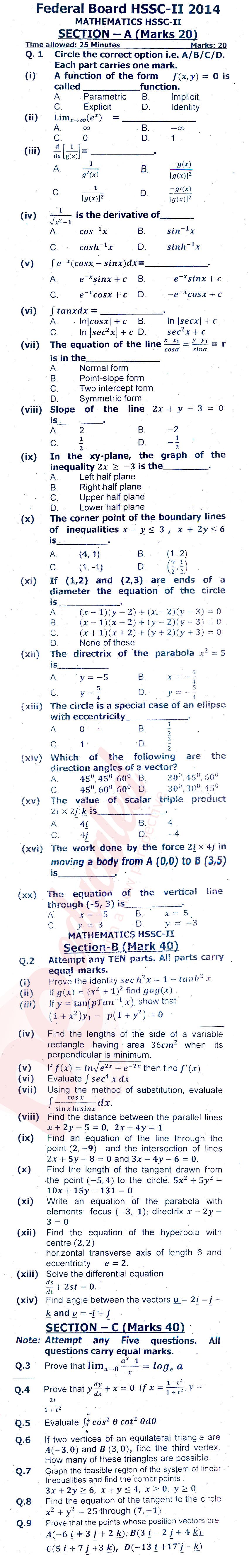 Math FSC Part 2 Past Paper Group 1 Federal BISE  2014