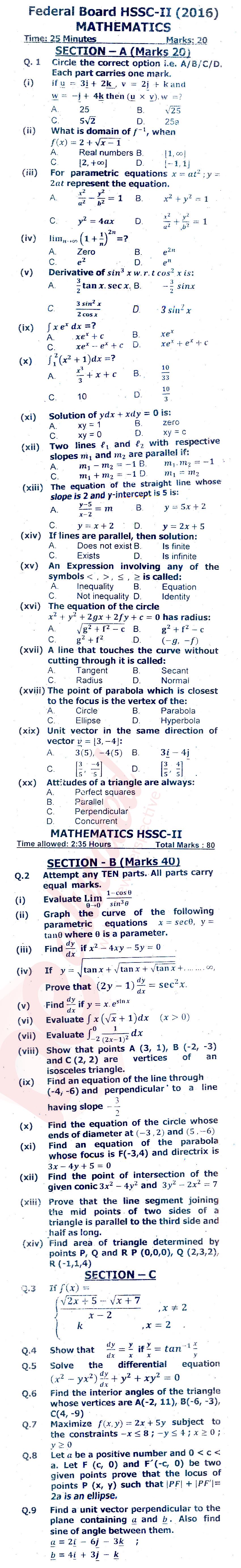 Math FSC Part 2 Past Paper Group 1 Federal BISE  2016