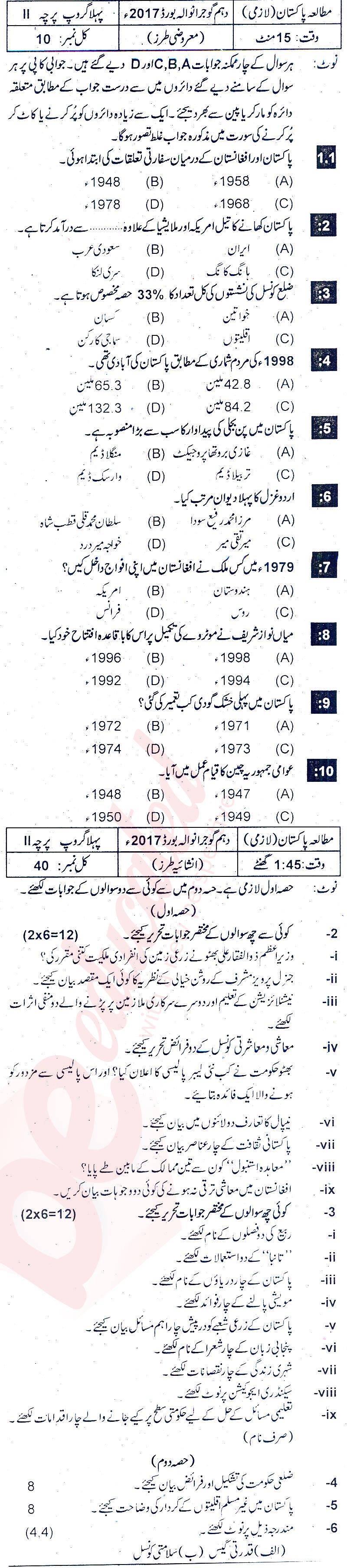 Pak Studies 10th class Past Paper Group 1 BISE Gujranwala 2017