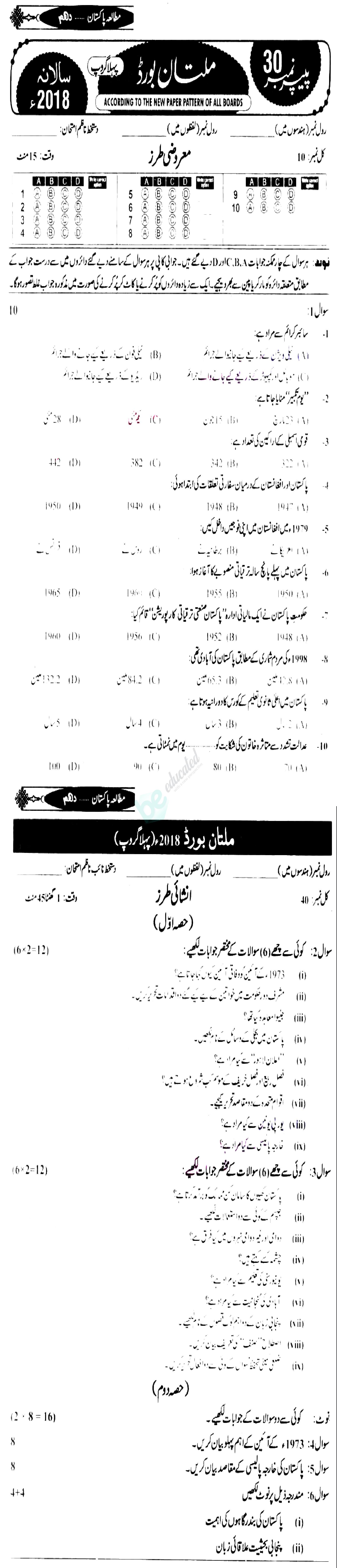 Pak Studies 10th class Past Paper Group 1 BISE Multan 2018