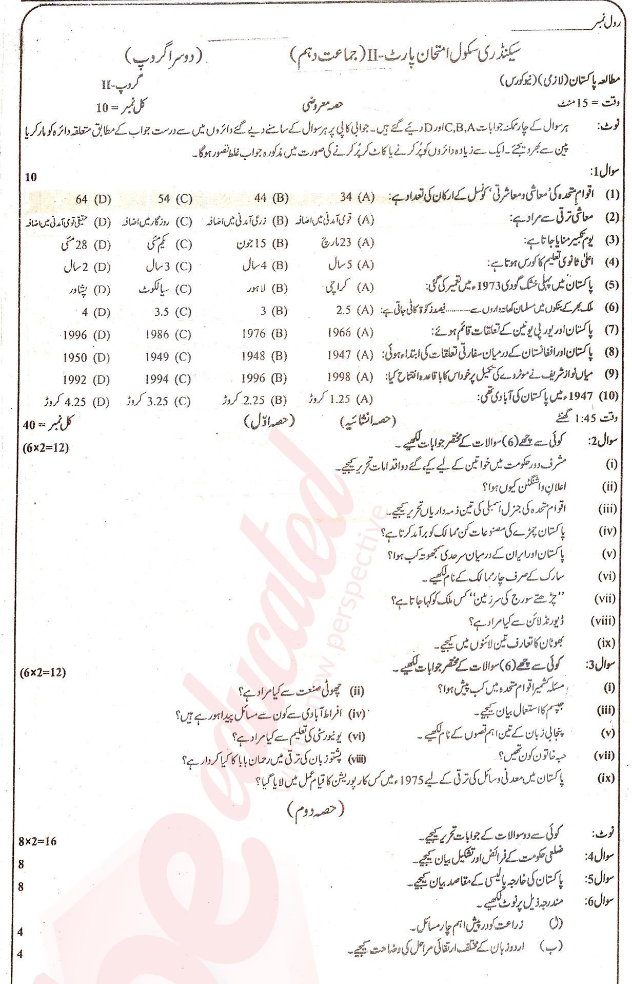 Pak Studies 10th class Past Paper Group 2 BISE DG Khan 2016