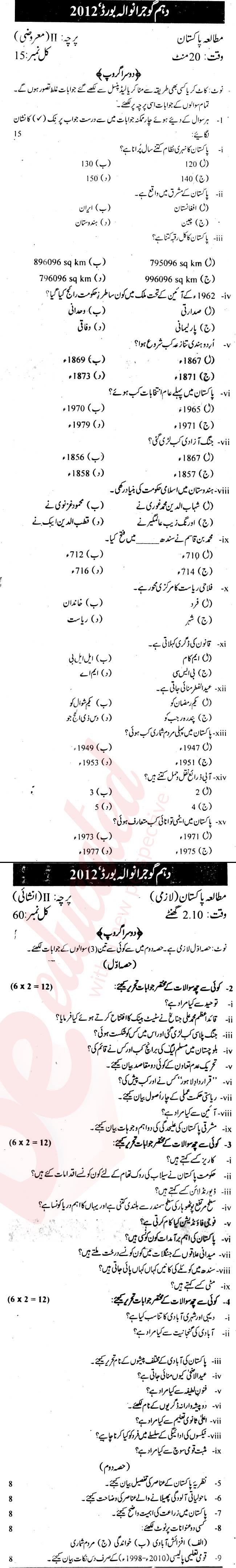 Pak Studies 10th class Past Paper Group 2 BISE Gujranwala 2012