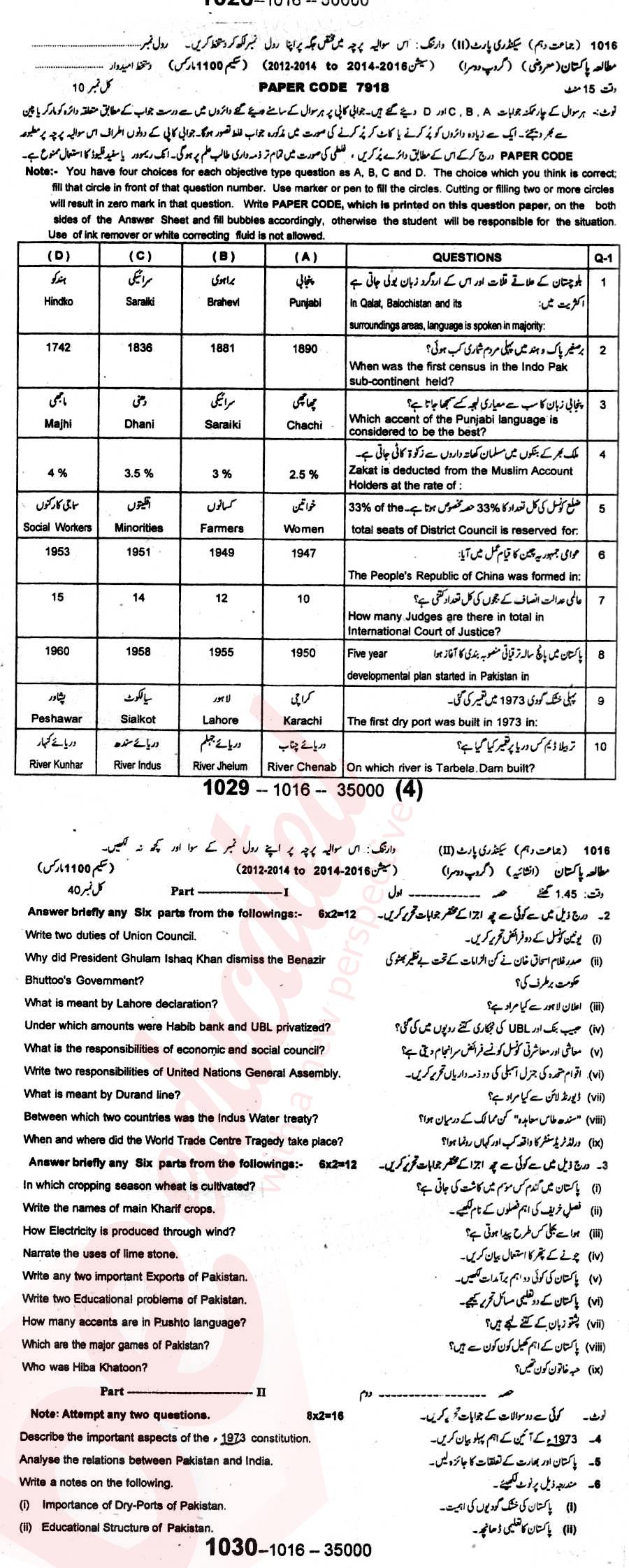 Pak Studies 10th class Past Paper Group 2 BISE Sargodha 2016