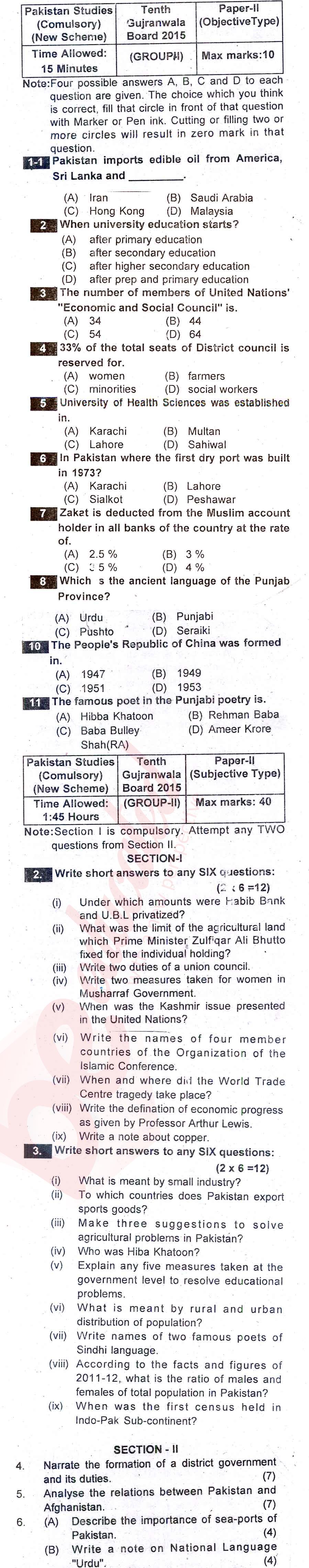 Pak Studies 10th English Medium Past Paper Group 2 BISE Gujranwala 2015