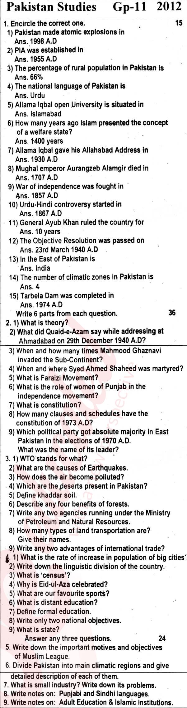 Pak Studies 10th English Medium Past Paper Group 2 BISE Rawalpindi 2012