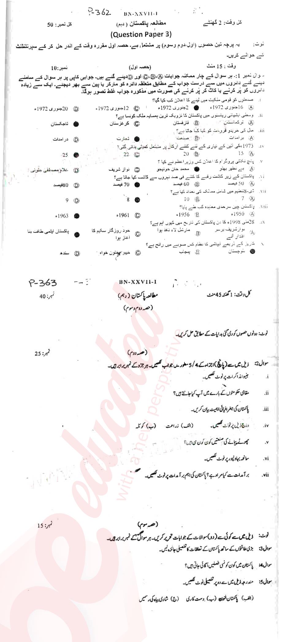 Pak Studies 10th Urdu Medium Past Paper Group 1 BISE Bannu 2017