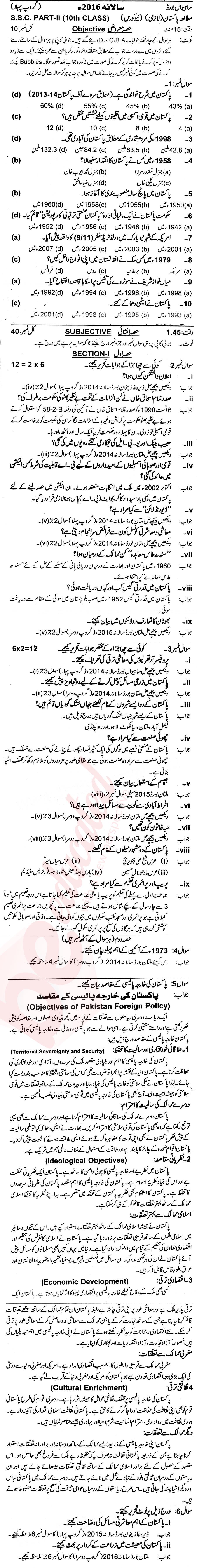 Pak Studies 10th Urdu Medium Past Paper Group 1 BISE Sahiwal 2016