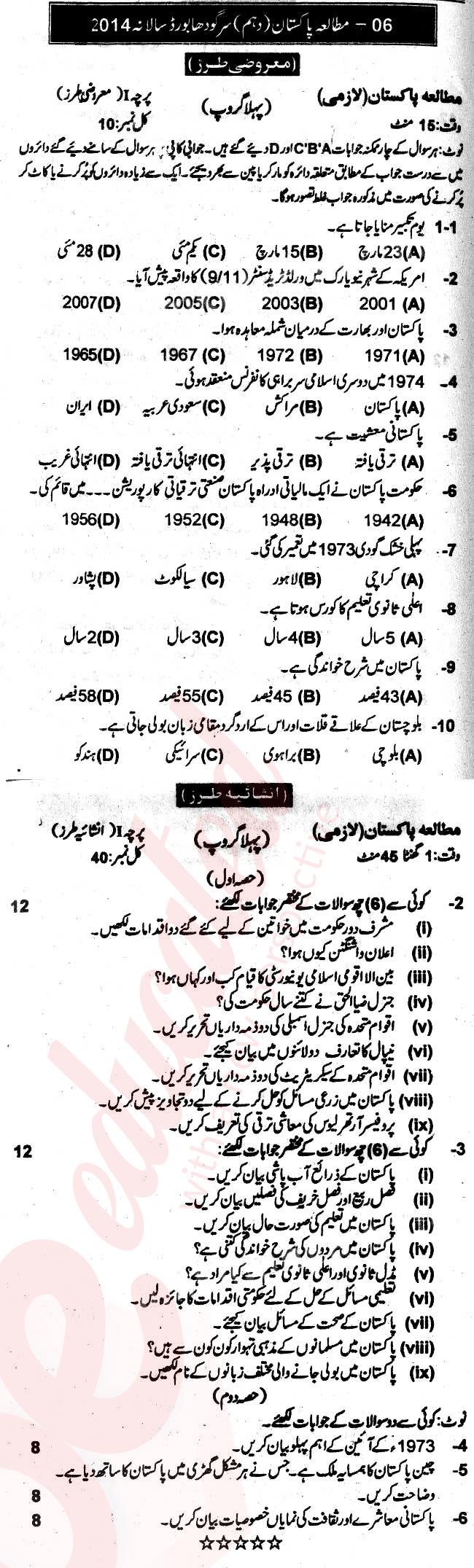 Pak Studies 10th Urdu Medium Past Paper Group 1 BISE Sargodha 2014