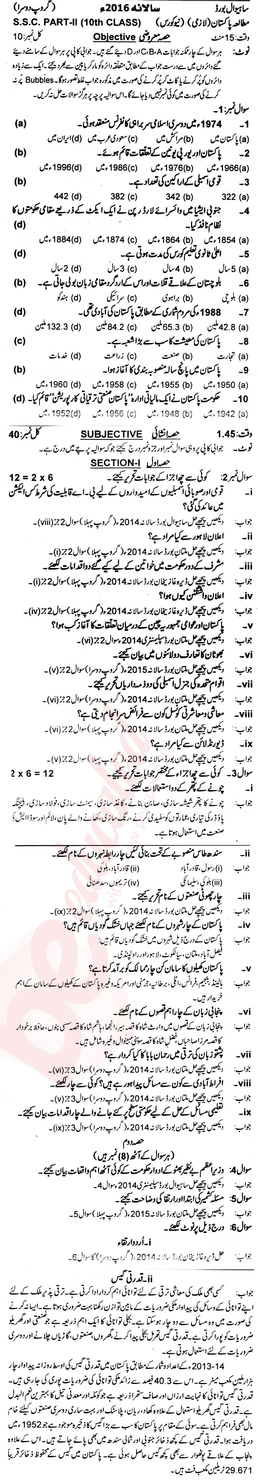 Pak Studies 10th Urdu Medium Past Paper Group 2 BISE Sahiwal 2016