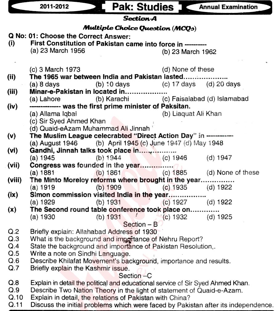 Pak Studies 12th class Past Paper Group 1 BISE Mirpurkhas 2012