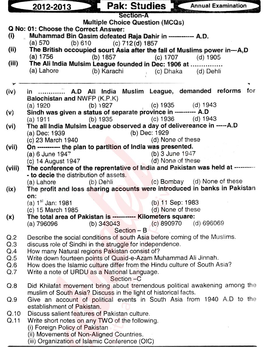 Pak Studies 12th class Past Paper Group 1 BISE Mirpurkhas 2013